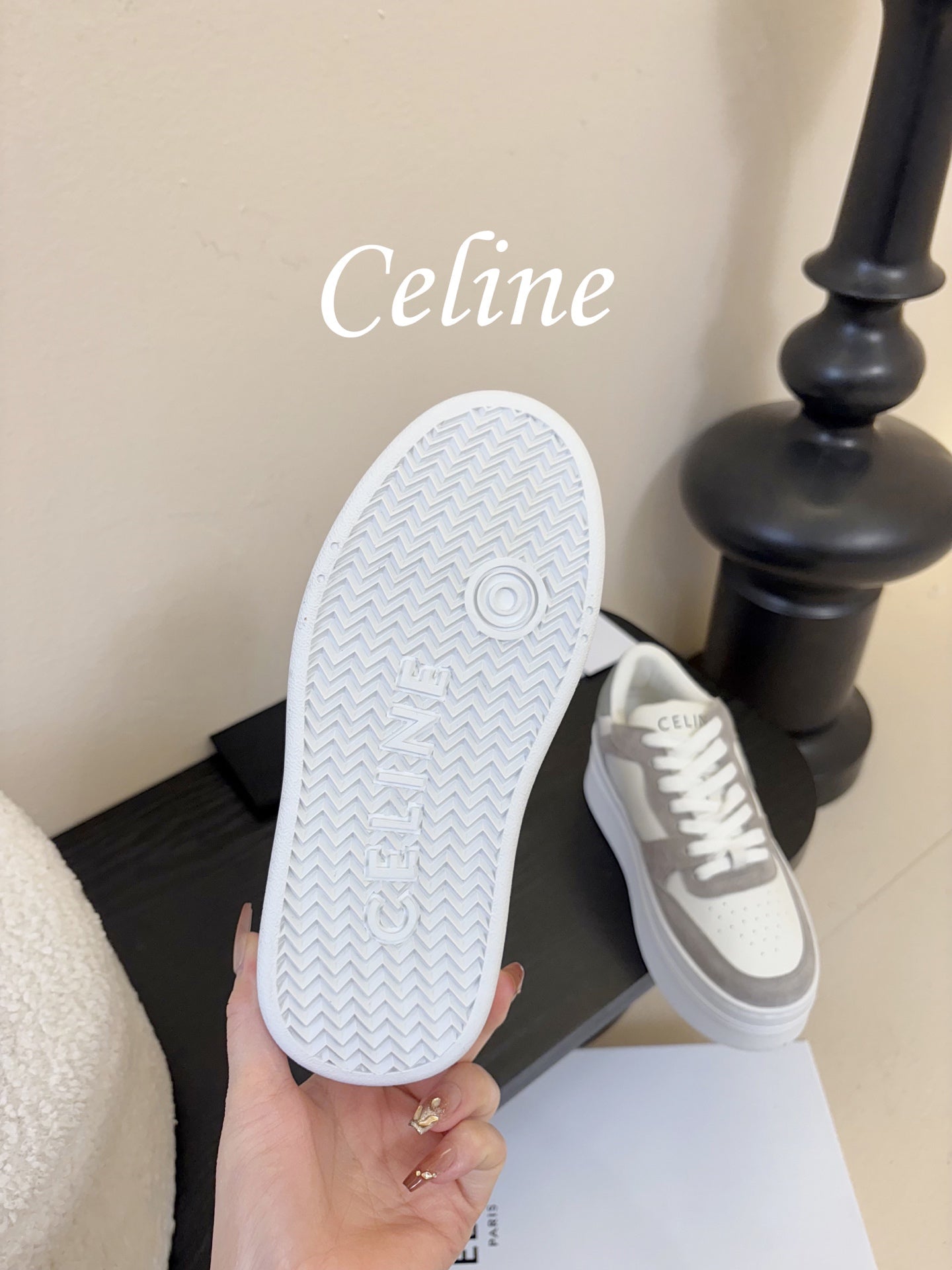 Celine Block Wedge Sneaker White Grey Suede Calfskin 606414