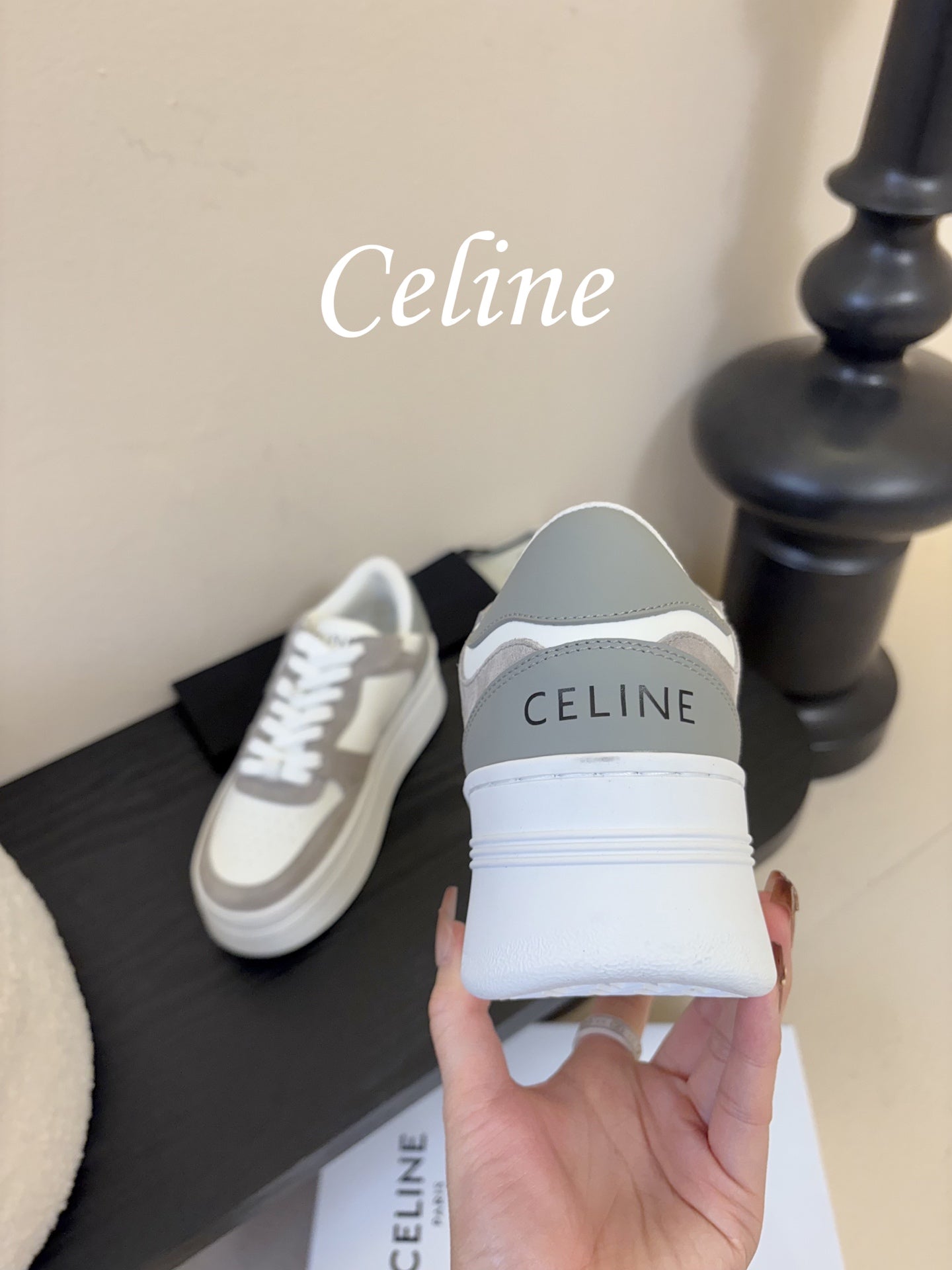 Celine Block Wedge Sneaker White Grey Suede Calfskin 606414
