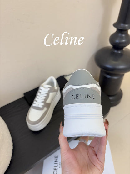Celine Block Wedge Sneaker White Grey Suede Calfskin 606414