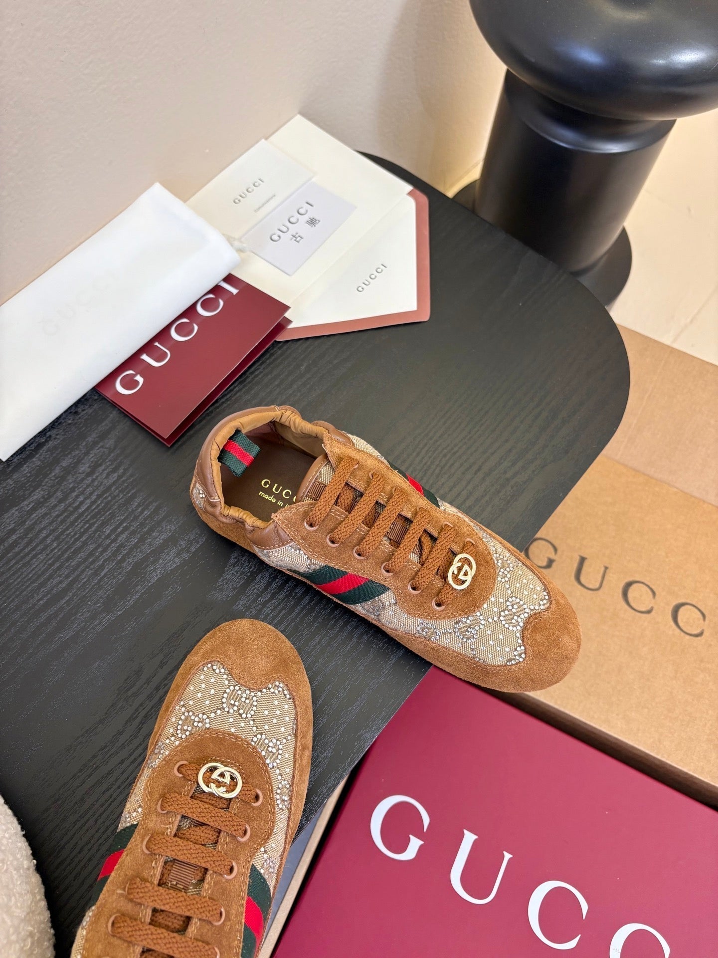 GG 26 Casual Sneakers Brown Cowhide Suede Rhinestones 627230