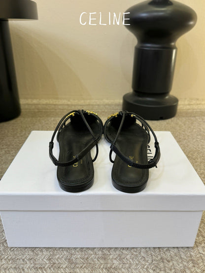 Celine Triomphe Strappy Flat Sandals Black Lambskin 934171