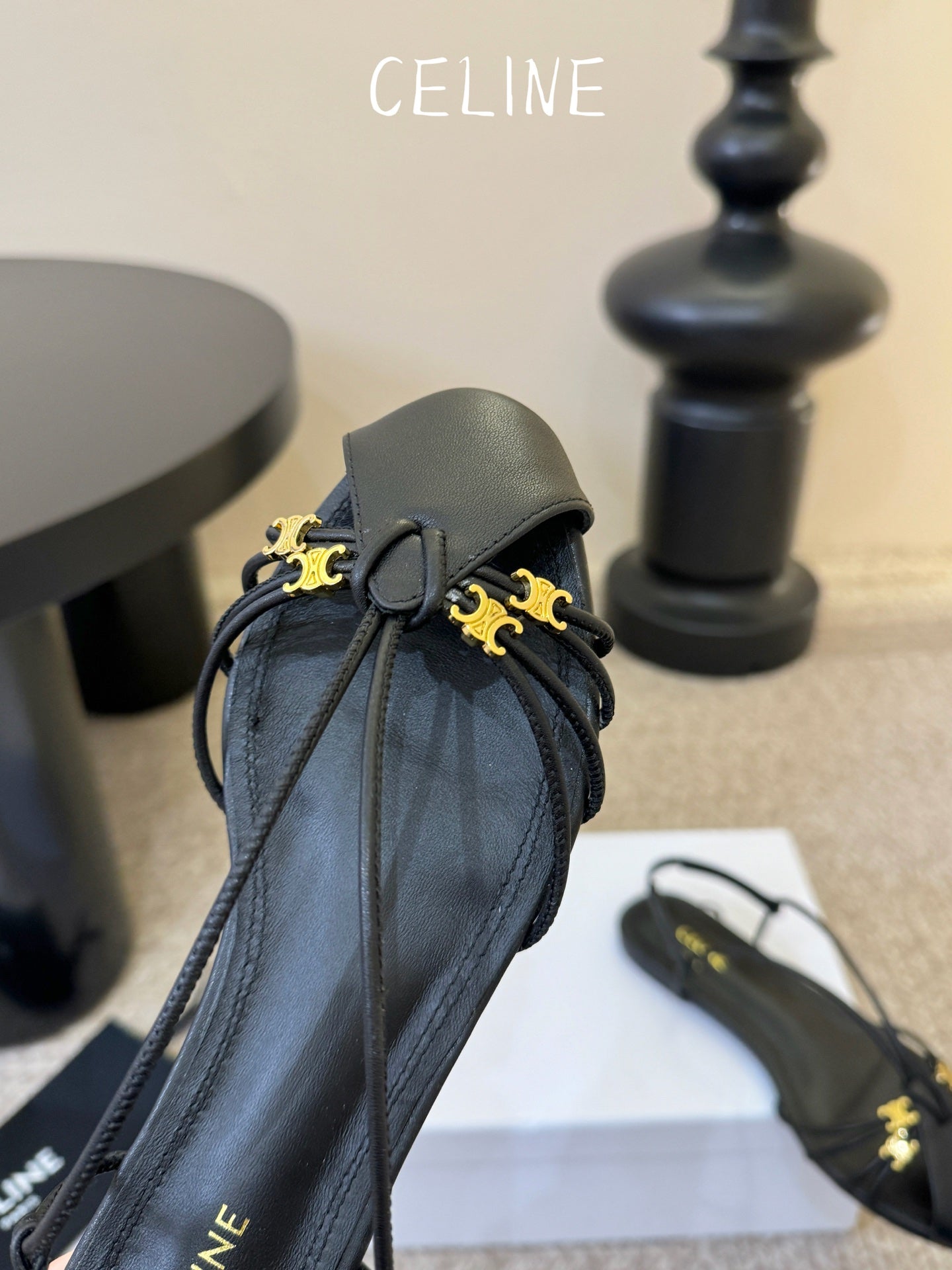 Celine Triomphe Strappy Flat Sandals Black Lambskin 934171