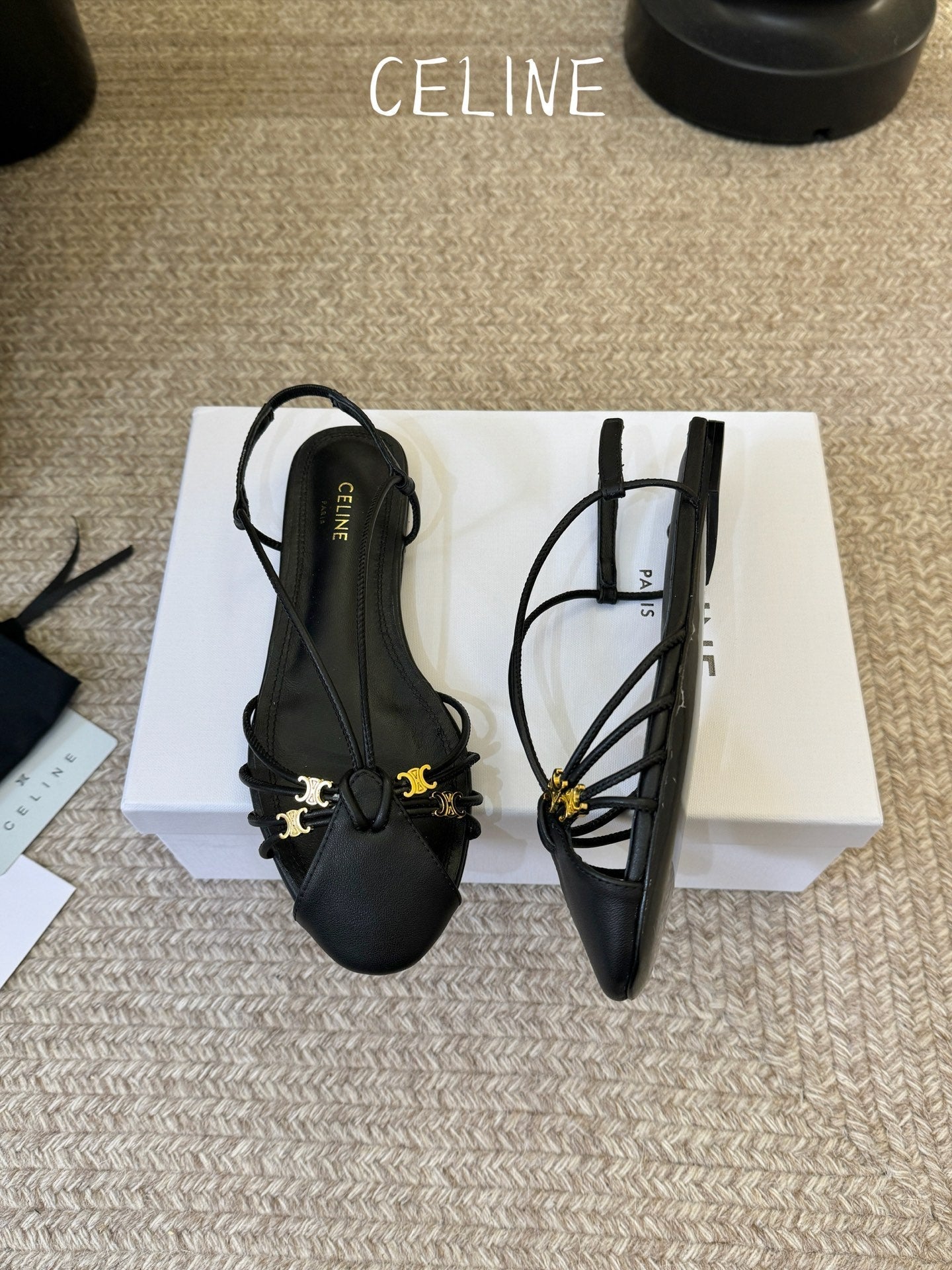 Celine Triomphe Strappy Flat Sandals Black Lambskin 934171