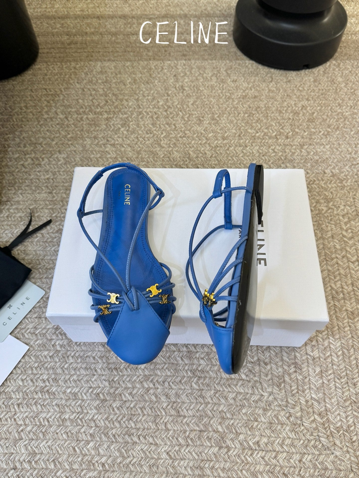 Celine Triomphe Strappy Flat Sandals Blue Lambskin 934181