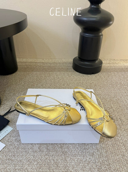 Celine Triomphe Strappy Flat Sandals Light Gold Lambskin 934183