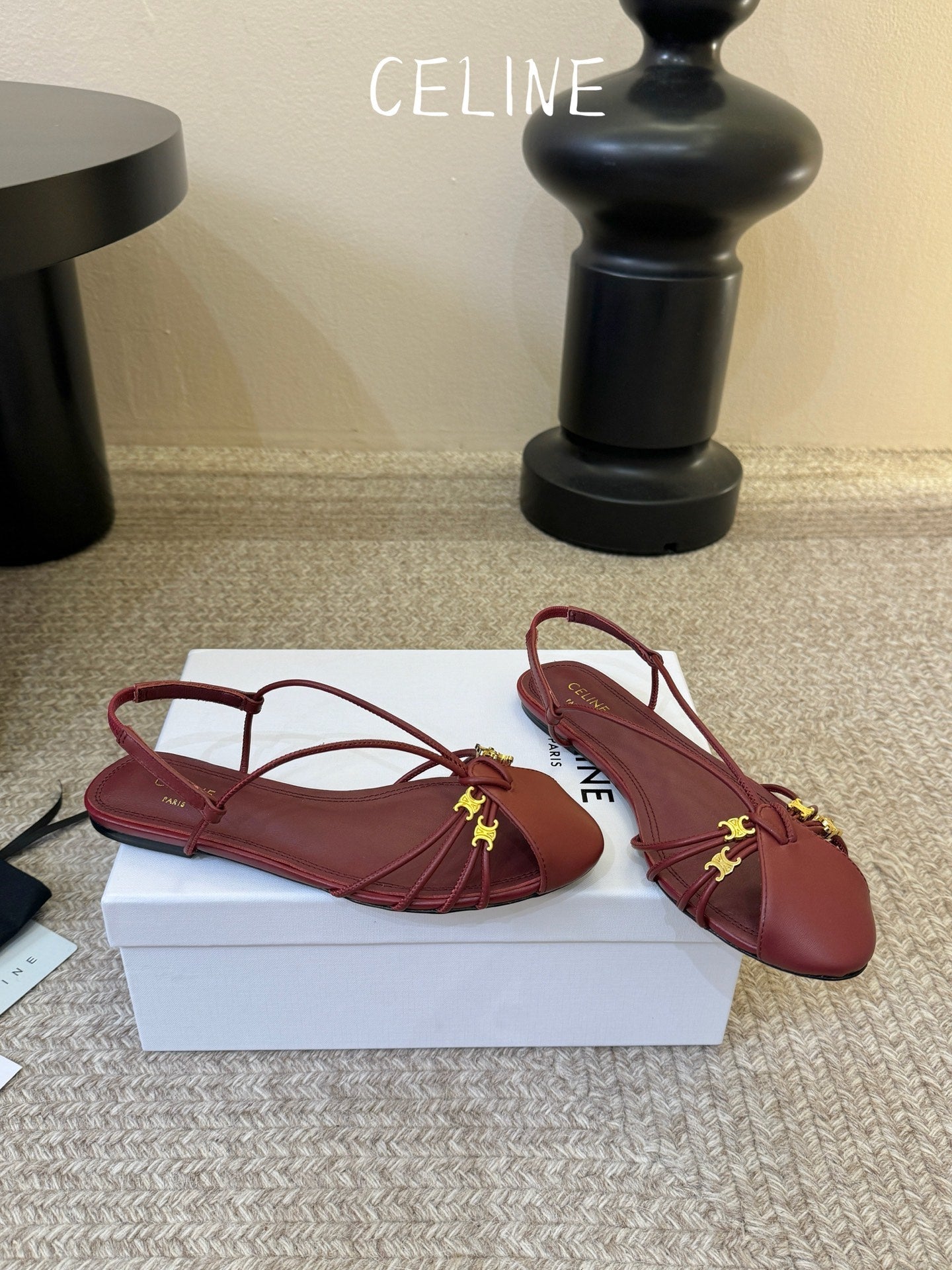 Celine Triomphe Strappy Flat Sandals Burugndy Lambskin 934184