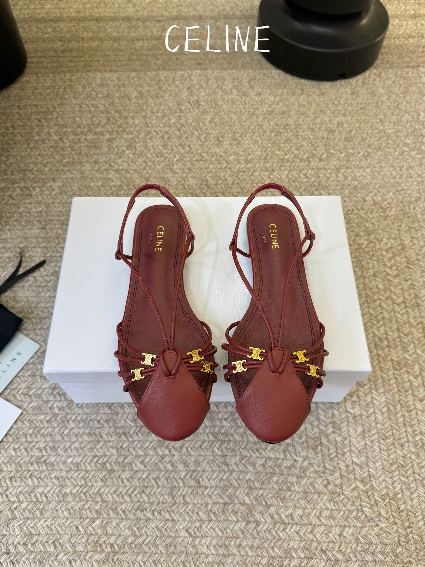 Celine Triomphe Strappy Flat Sandals Burugndy Lambskin 934184