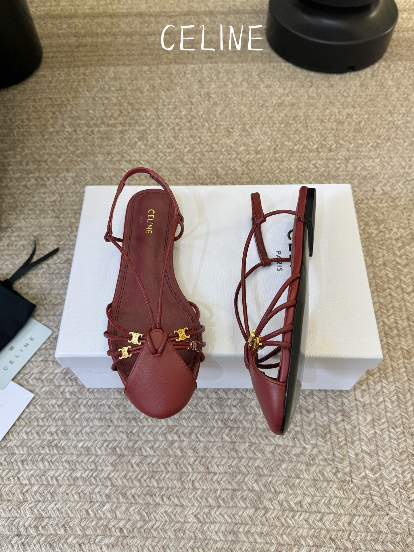 Celine Triomphe Strappy Flat Sandals Burugndy Lambskin 934184