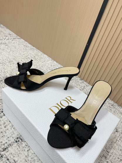 CD 26s High Heel Slippers 75 Black Beige Canvas Leather 643490