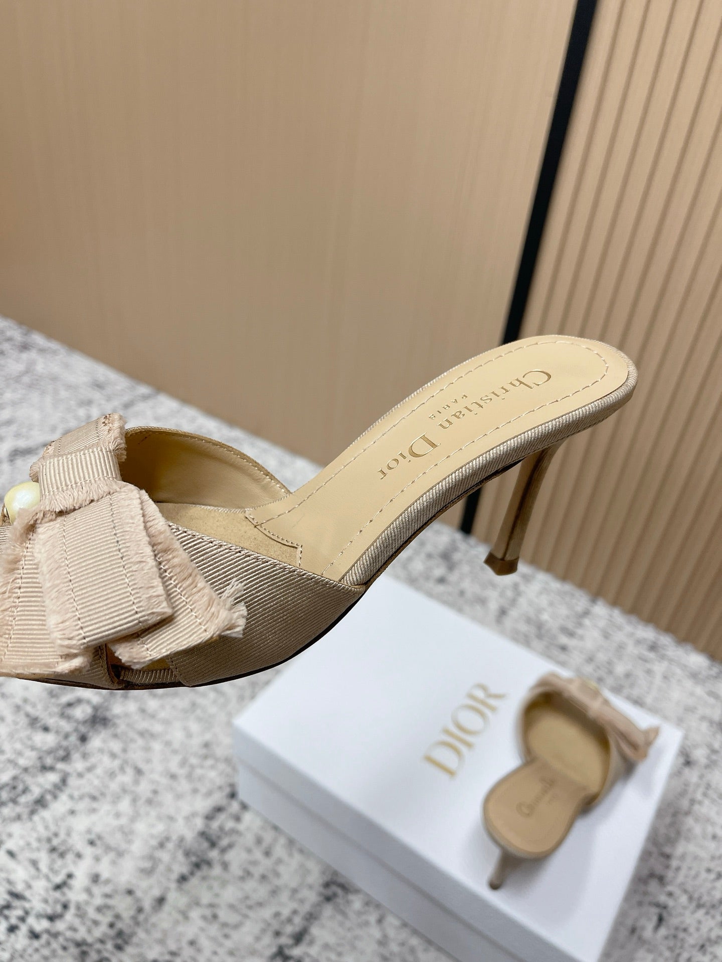 CD 26s High Heel Slippers 75 Beige Canvas Leather 643491