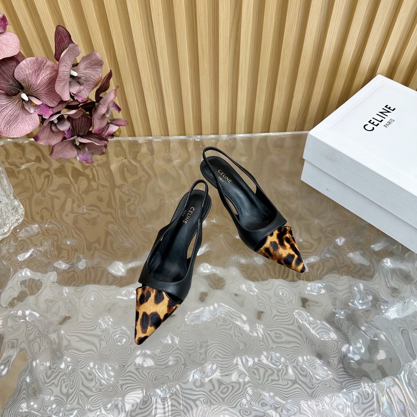 CL Judy Cap Toe Skingback 60mm In Black Calfskin And Leopard Printed Hairy Calfskin 313782