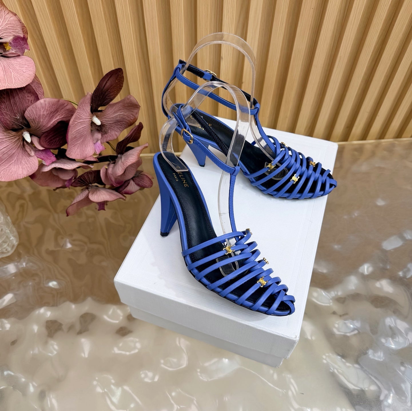 Celine 26s Cage Heeled Sandals Blue Lambskin 898119