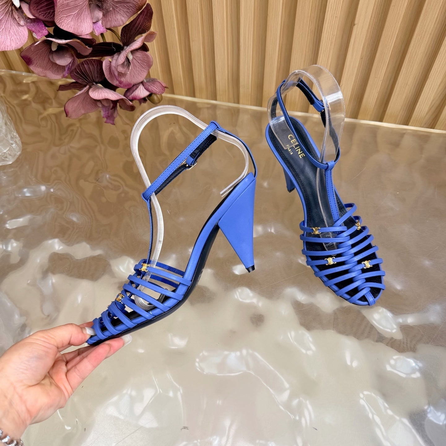 Celine 26s Cage Heeled Sandals Blue Lambskin 898119