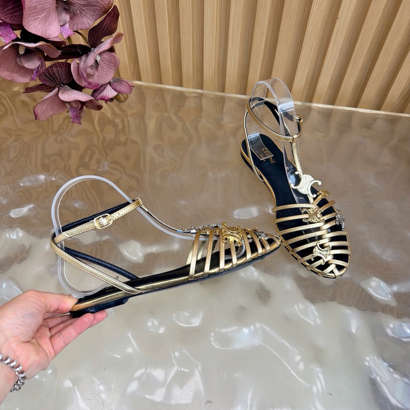 Celine 26s Cage Flat Sandals Gold Lambskin 898121