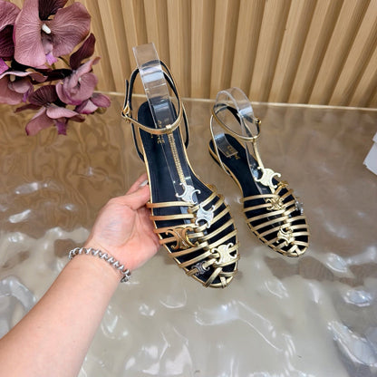 Celine 26s Cage Flat Sandals Gold Lambskin 898121