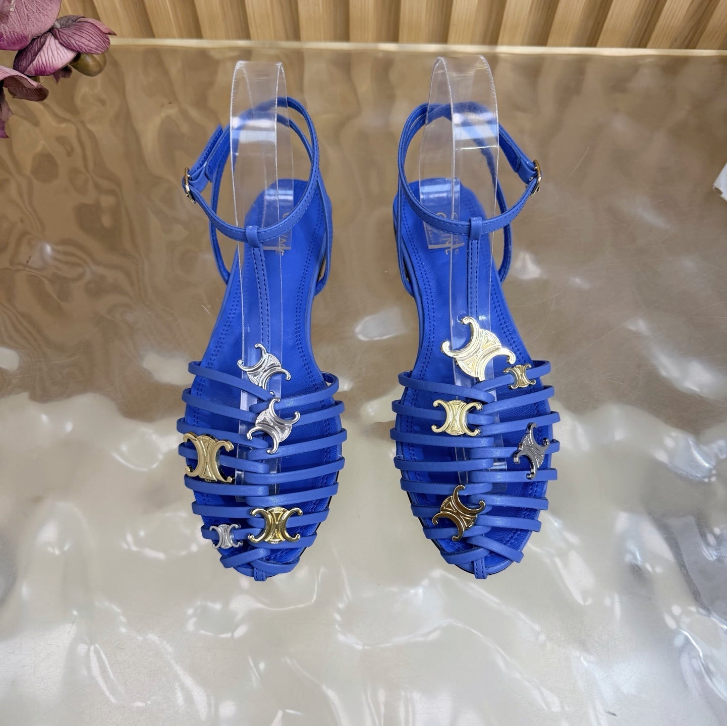 Celine 26s Cage Flat Sandals Blue Lambskin 898124