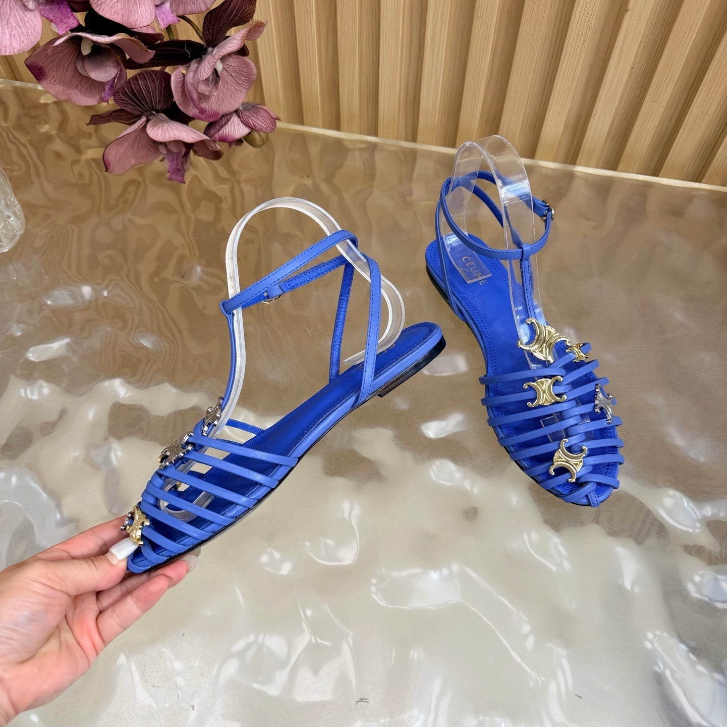 Celine 26s Cage Flat Sandals Blue Lambskin 898124