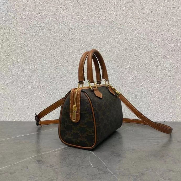 Celine Small Boston Bag Triomphe Black Brown Canvas & Calfskin
