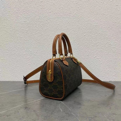 Celine Small Boston Bag Triomphe Black Brown Canvas & Calfskin