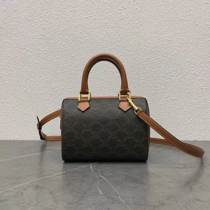 Celine Small Boston Bag Triomphe Black Brown Canvas & Calfskin