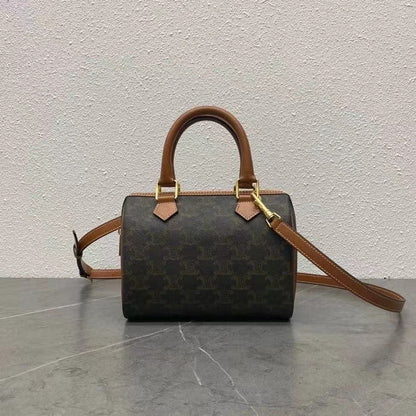 Celine Small Boston Bag Triomphe Black Brown Canvas & Calfskin