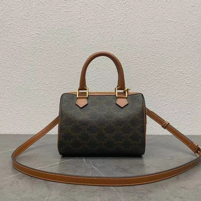 Celine Small Boston Bag Triomphe Black Brown Canvas & Calfskin