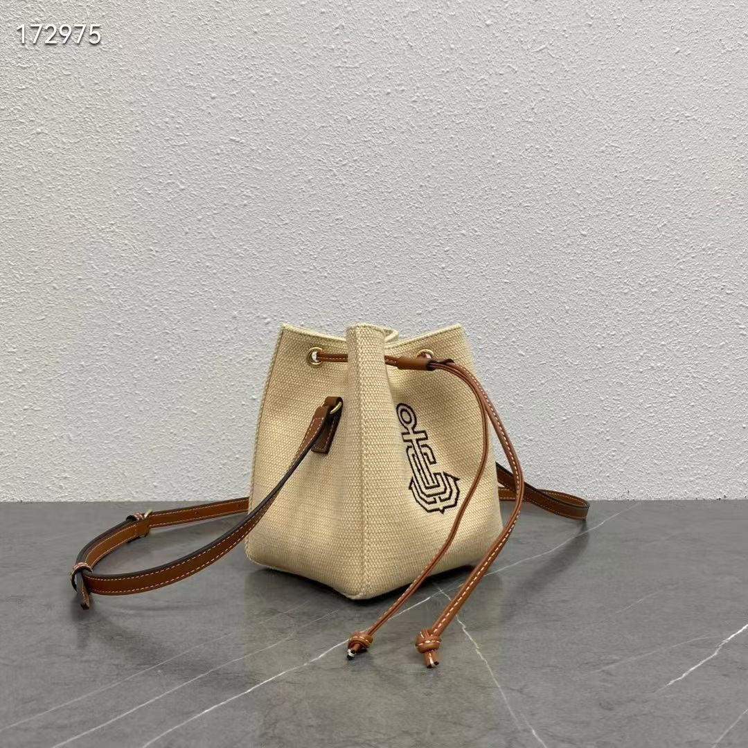 Celine Micro Sailor Bucket Bag with Anchor Embroidery Beige Brown Calfskin Textile