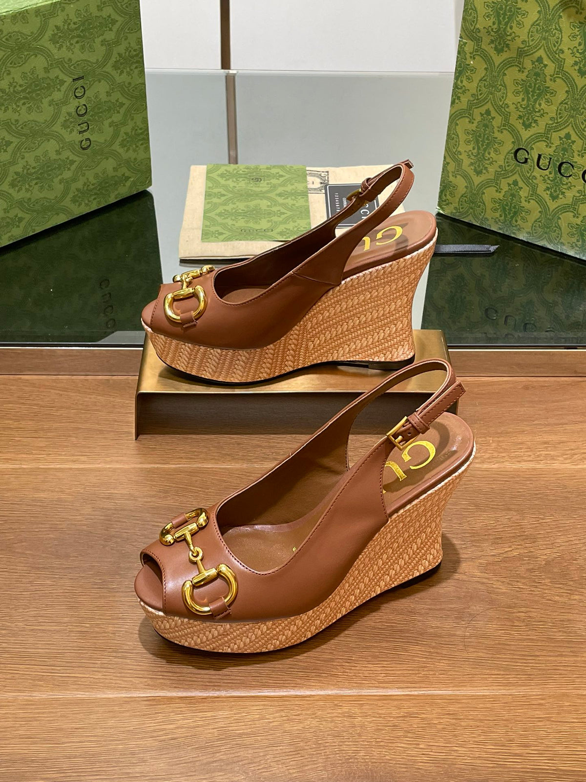 GG WEDGE PLATFORM IN CHOCOLATE BROWN CALFSKIN