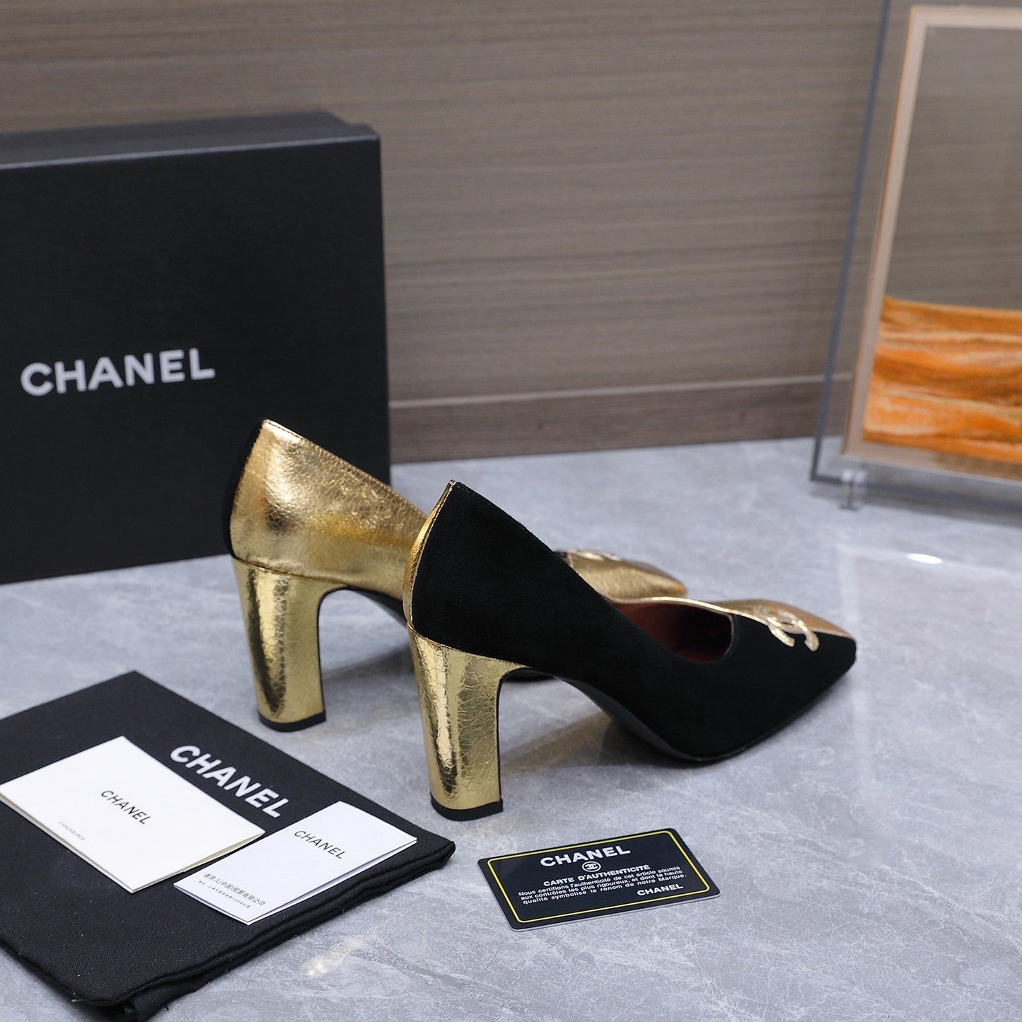 Chanel 2026 High-Heeled Pump 85mm Black-Gold Suede Sheepskin 758425