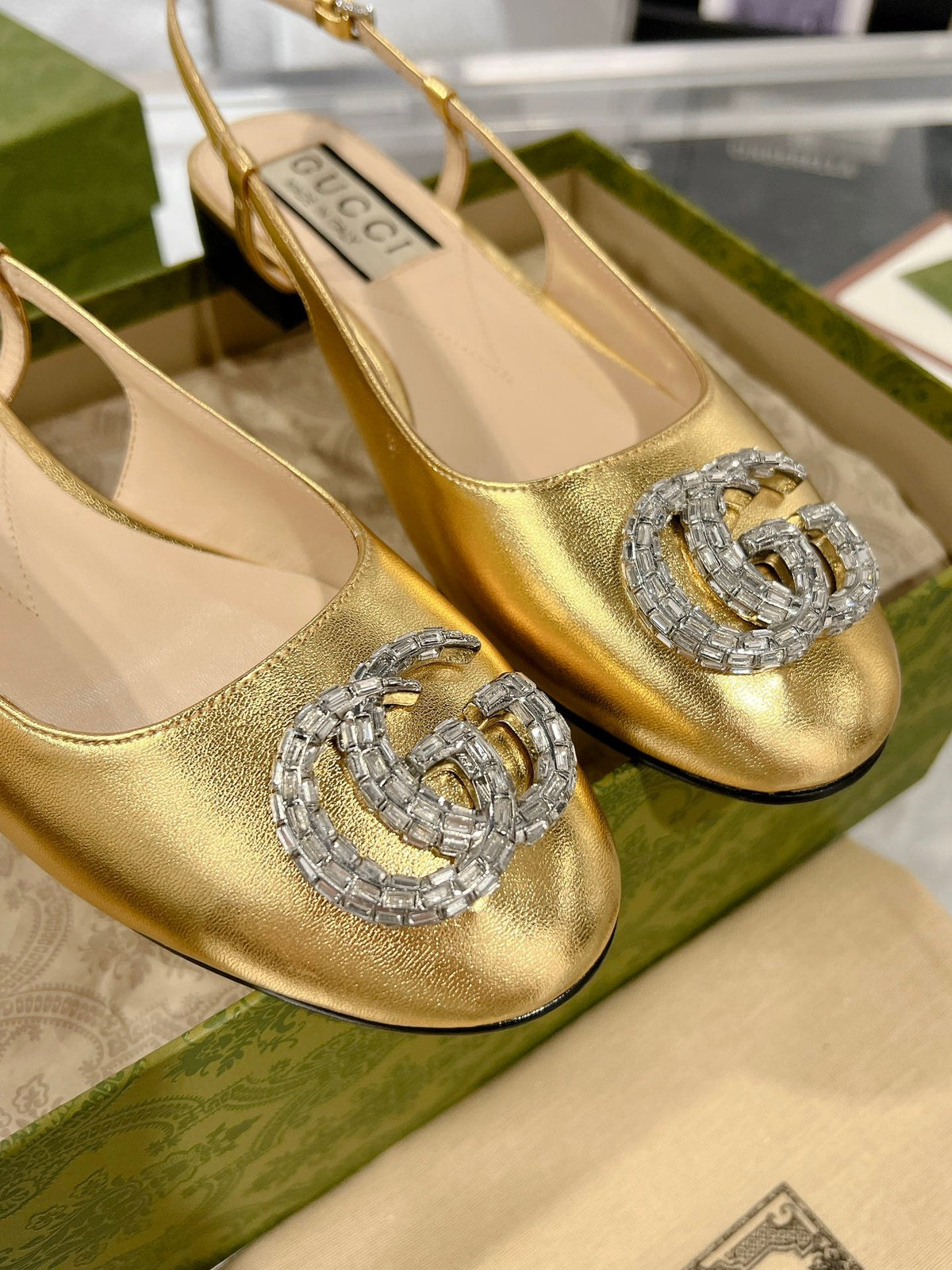 GG CRYSTALS SLINGBACK BALLET METALLIC GOLD CALFSKIN