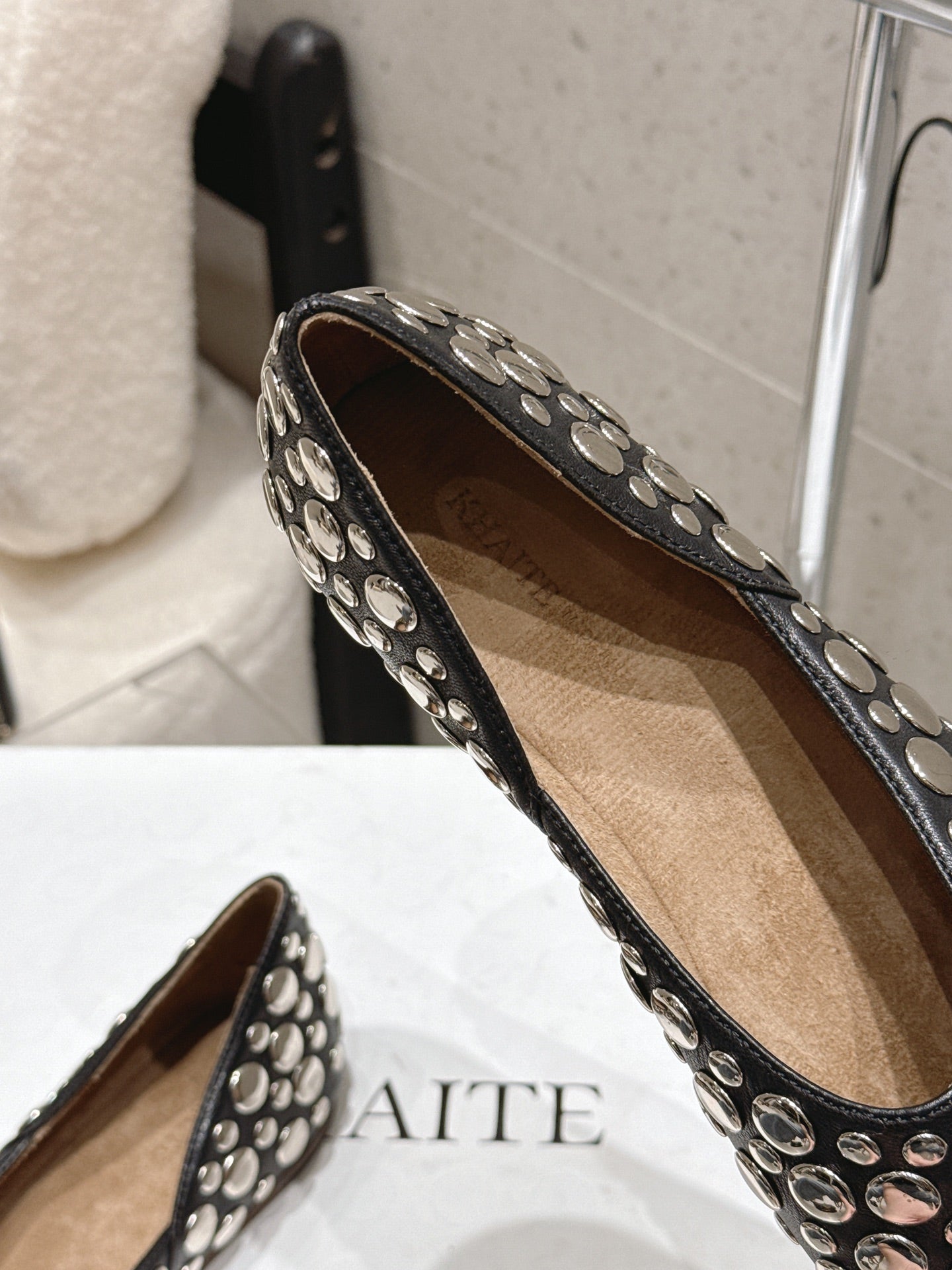 Celine 26s Flat Shoes In Toffee Brown Suede With Metal Studs