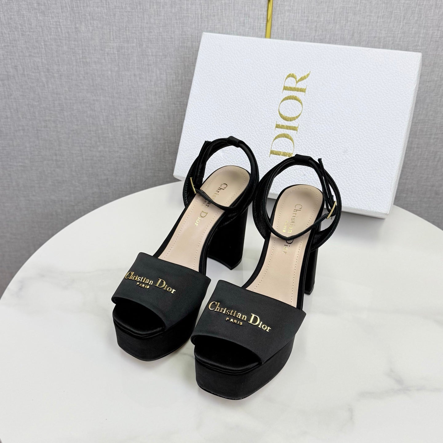 CD 26s Platform Sandals 80 Black Beige Satin Sheepskin 640230