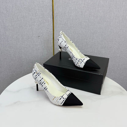 Chanel 2026 Pumps 85mm Tweed Pearl White Black 801952