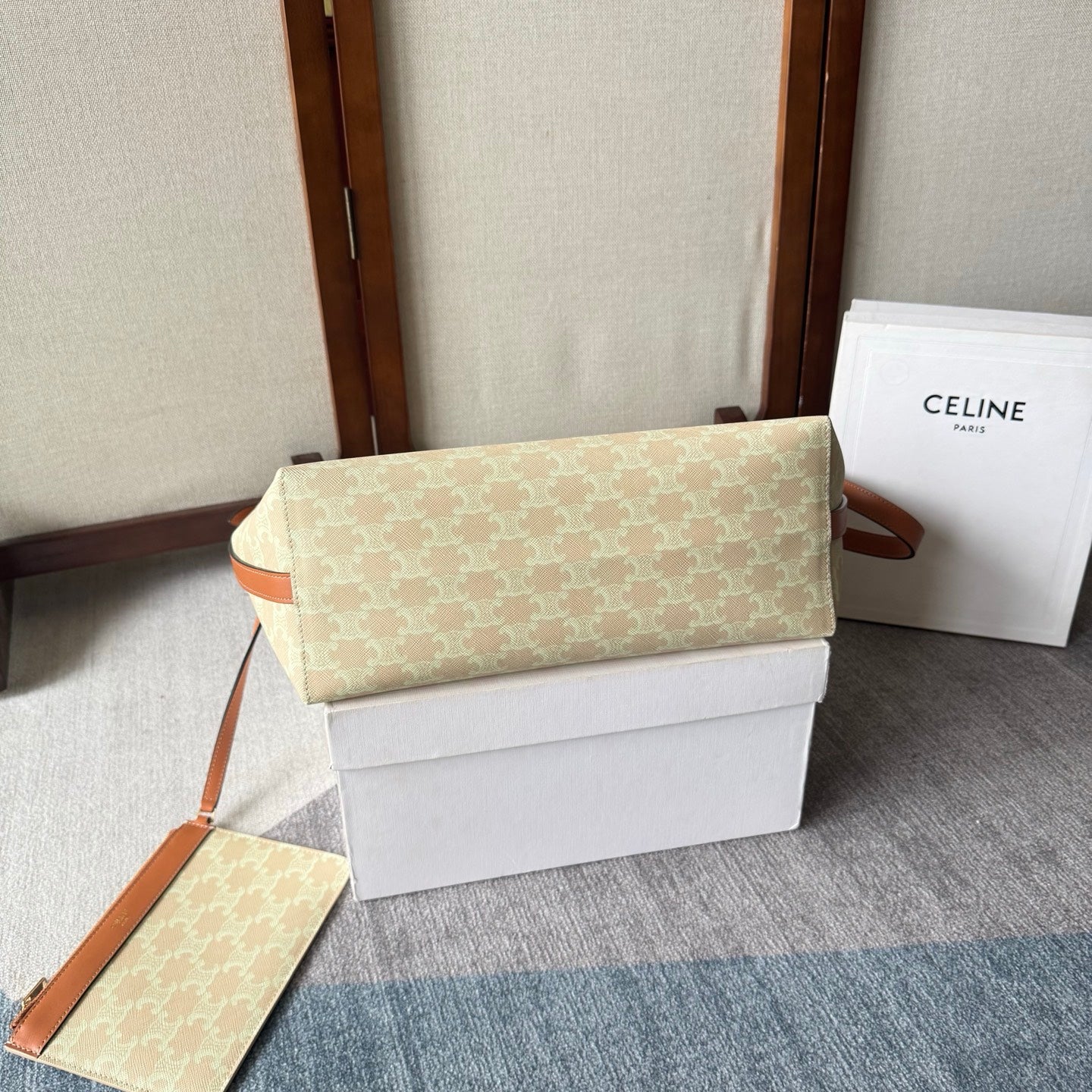 Celine Soft Shopper Bag in Triomphe Brown White Canvas and Calfskin