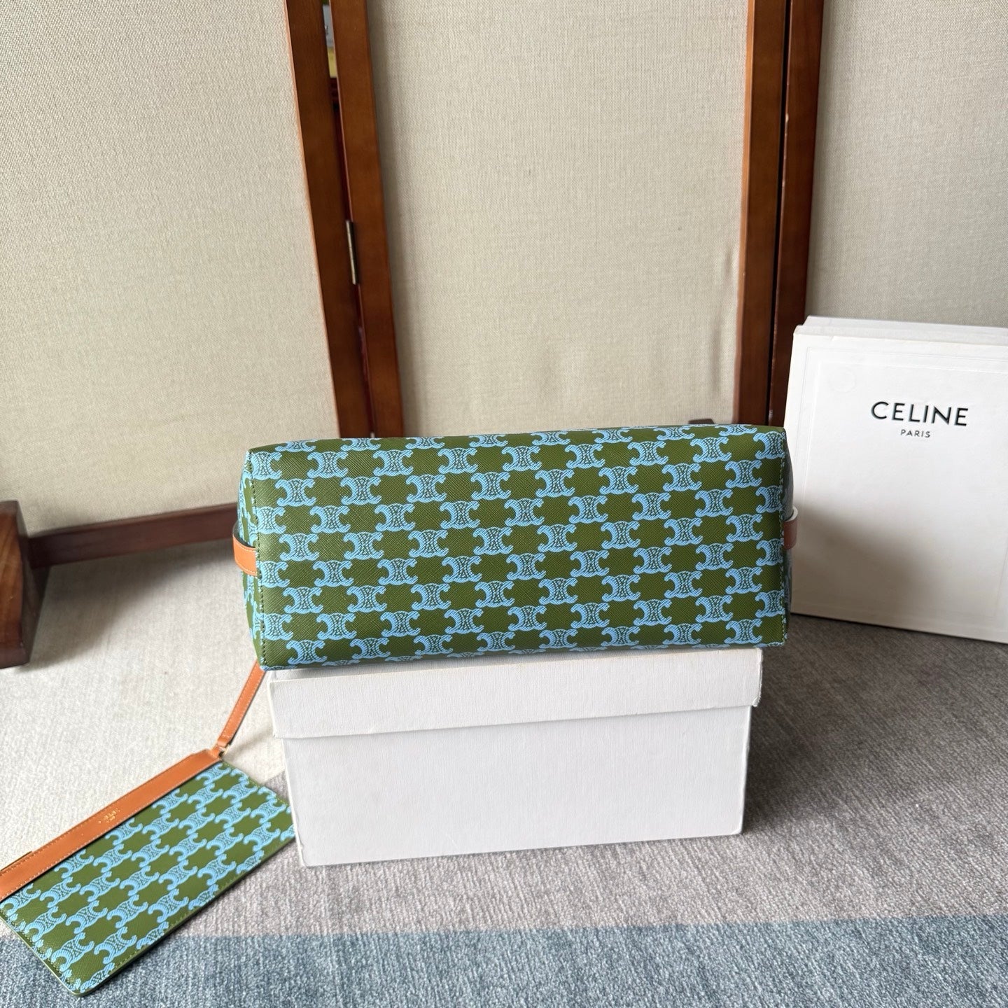 Celine Soft Shopper Bag in Triomphe Brown Green Blue Canvas and Calfskin