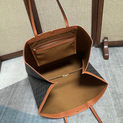 Celine Large Flat Shopper Black Brown Triomphe Canvas Calfskin