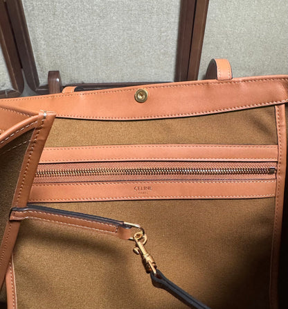 Celine Large Flat Shopper Black Brown Triomphe Canvas Calfskin