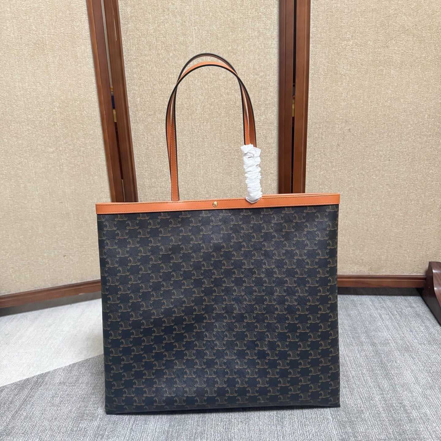 Celine Large Flat Shopper Black Brown Triomphe Canvas Calfskin