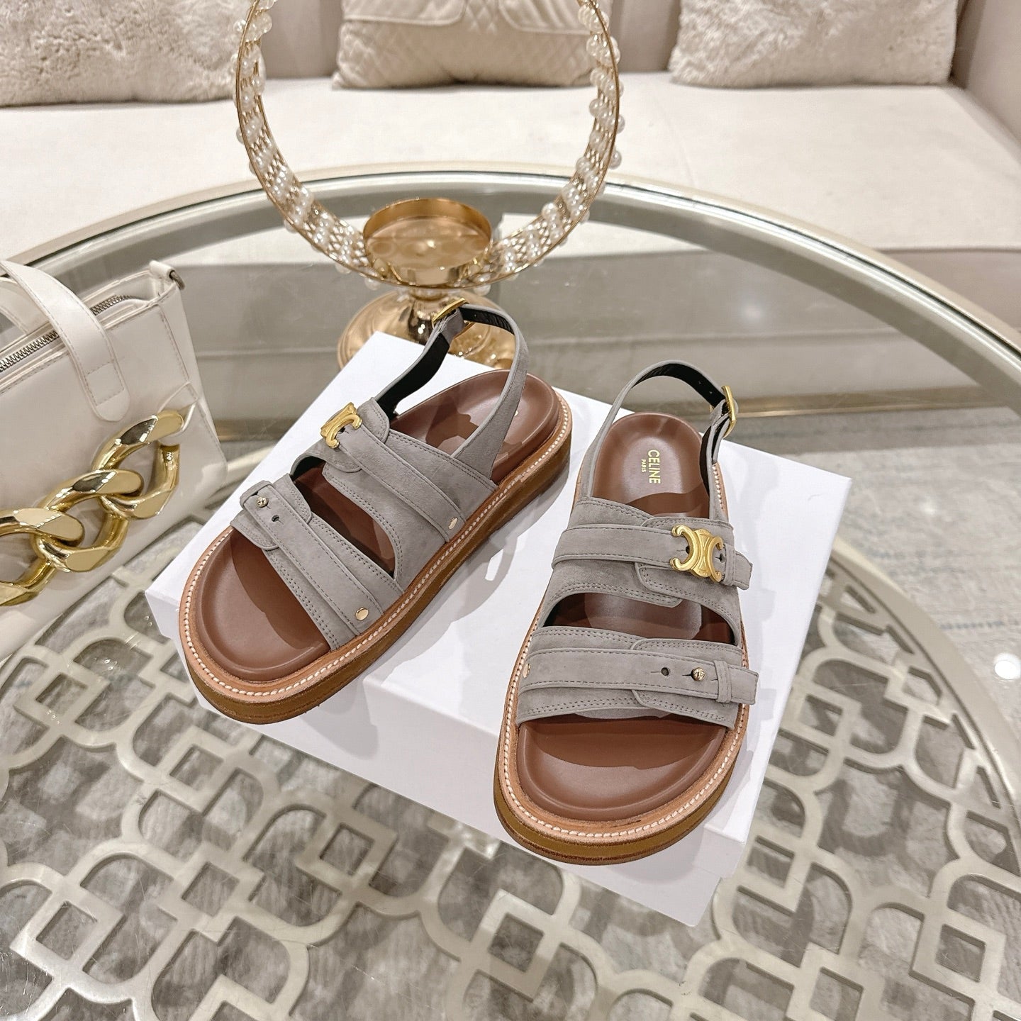 Celine Tippi Triomphe Sandals Grey Suede 736599