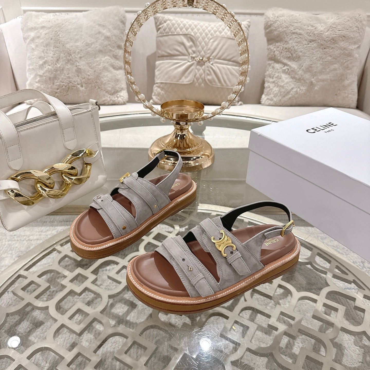 Celine Tippi Triomphe Sandals Grey Suede 736599