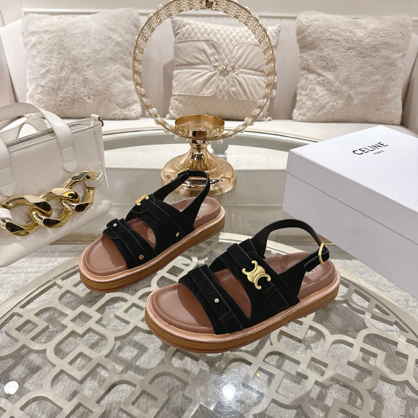 Celine Tippi Triomphe Sandals Black Suede 736601