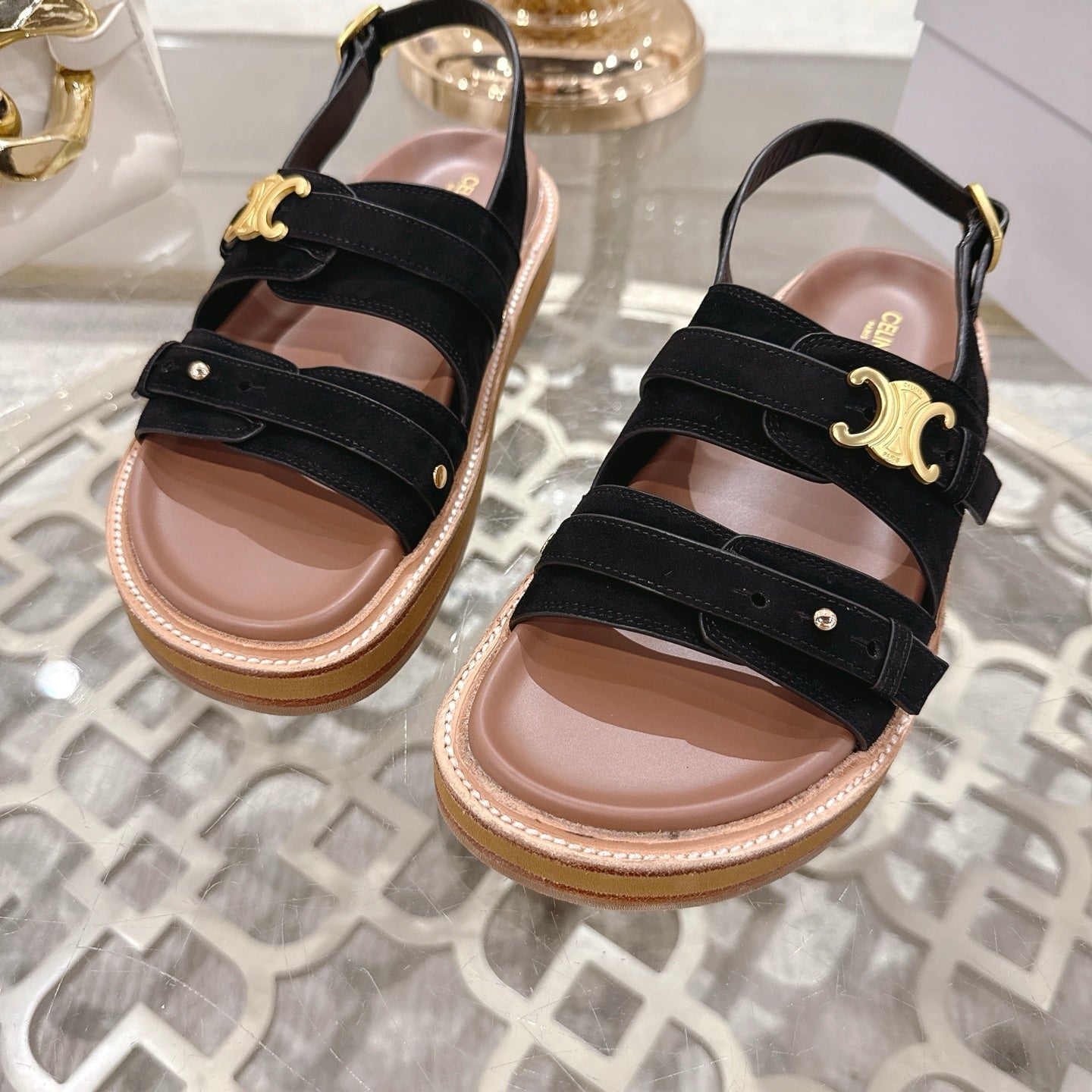 Celine Tippi Triomphe Sandals Black Suede 736601