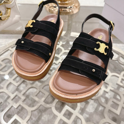 Celine Tippi Triomphe Sandals Black Suede 736601