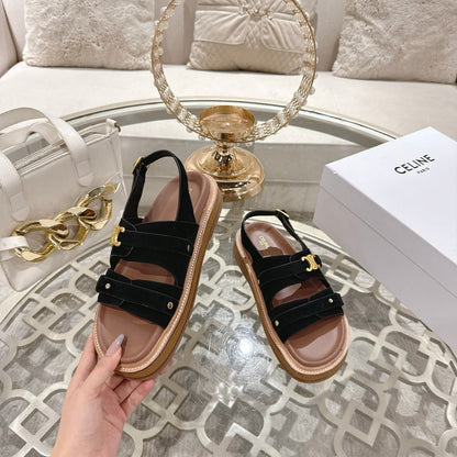 Celine Tippi Triomphe Sandals Black Suede 736601