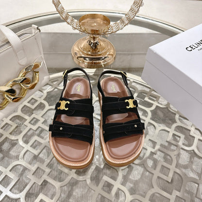 Celine Tippi Triomphe Sandals Black Suede 736601