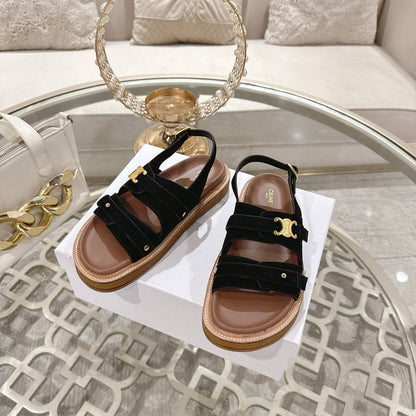 Celine Tippi Triomphe Sandals Black Suede 736601