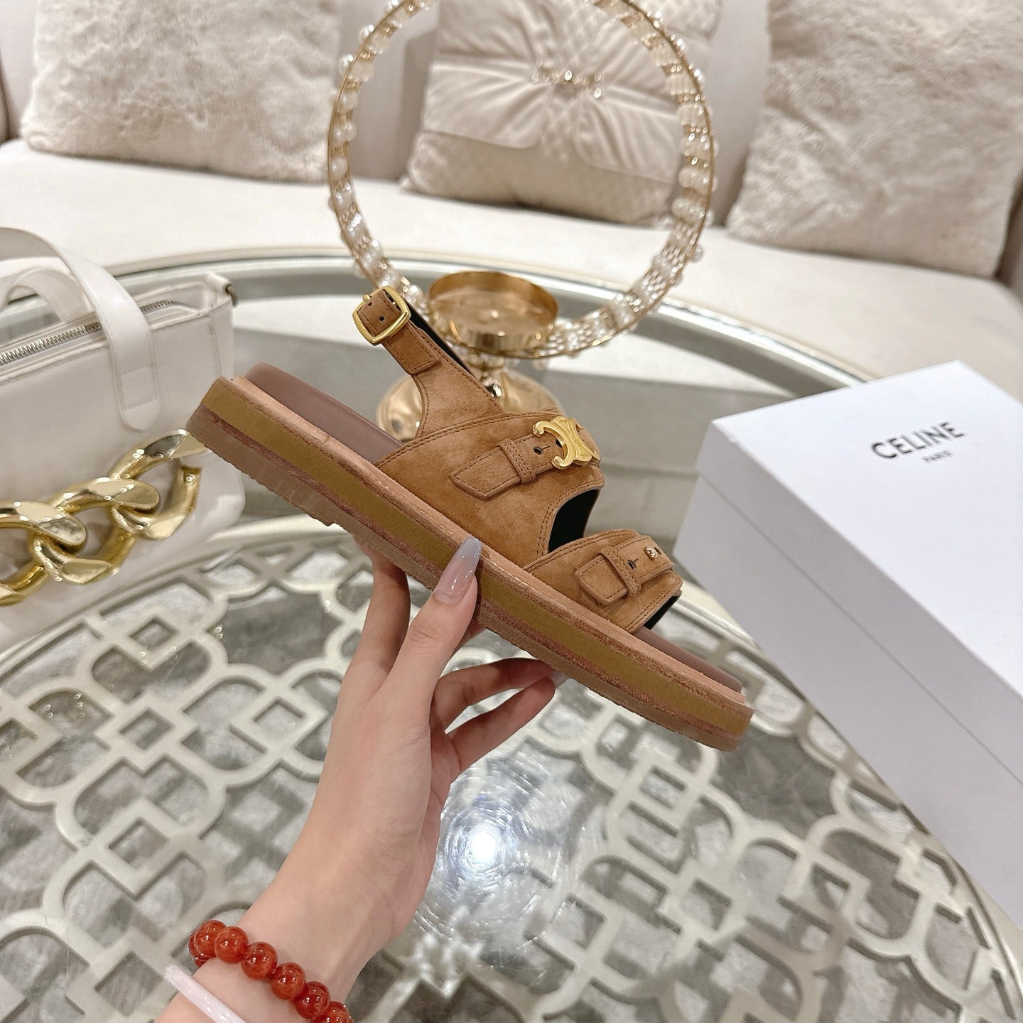 Celine Tippi Triomphe Sandals Brown Suede 736602