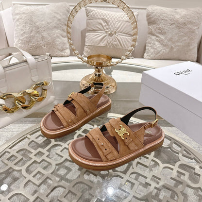Celine Tippi Triomphe Sandals Brown Suede 736602