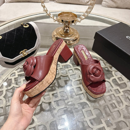 CC 26s Camellia Platform Slippers 65 Dark Red Lambskin 627046