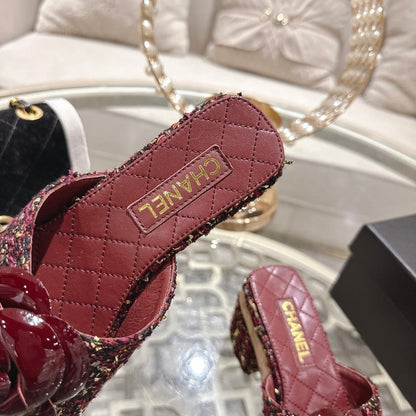 CC 26s Camellia Platform Slippers 65 Burgundy Multicolor Tweed Leather 627053
